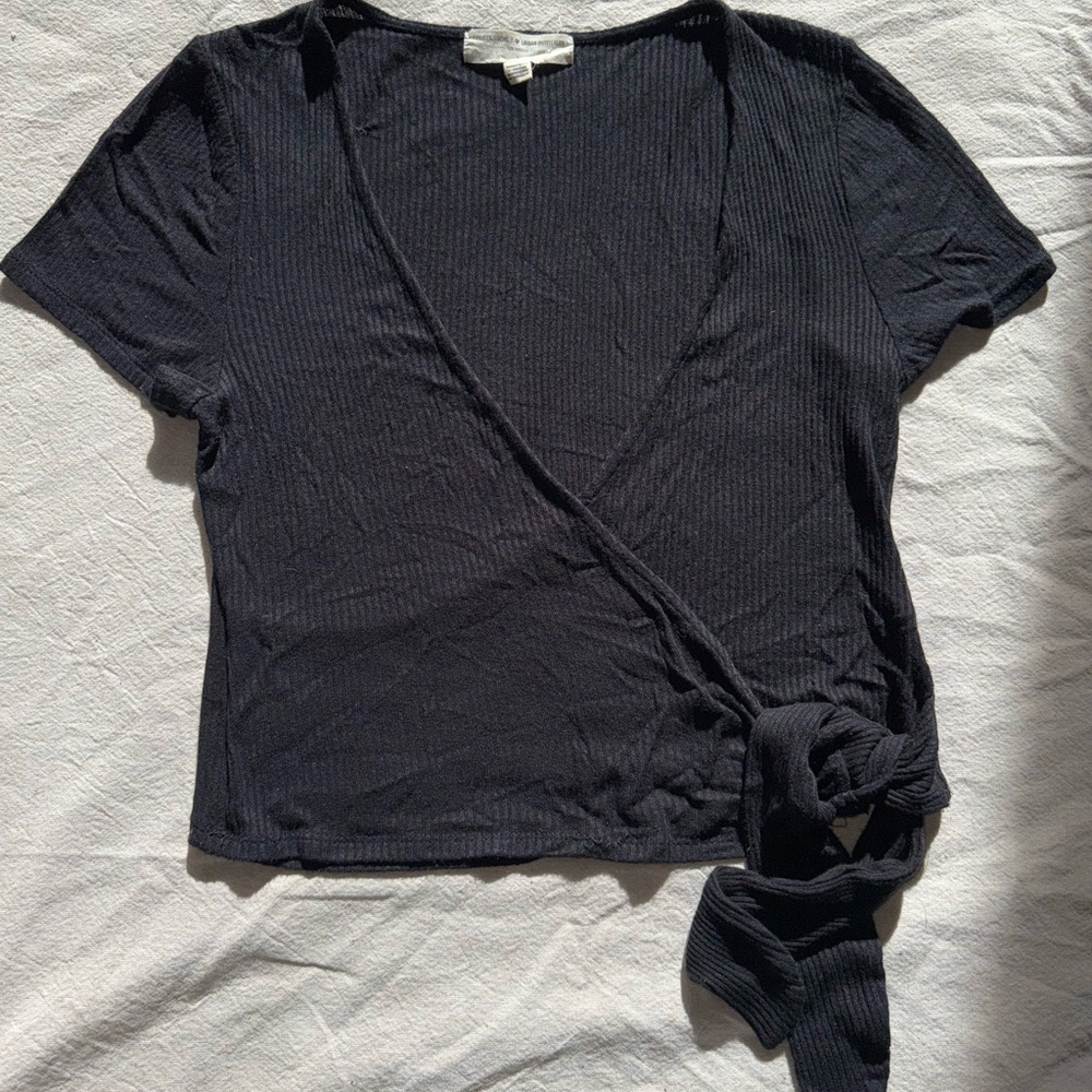 Urban Outfitters Black Ribbed Wrap Tie Crop Top